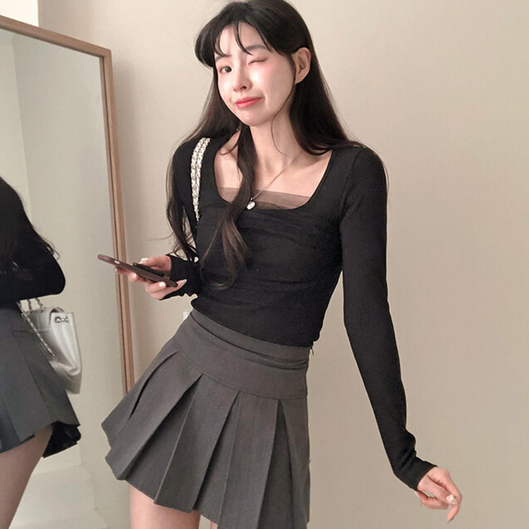 シフォンレースポイントスクエア長袖Tシャツ BLACK