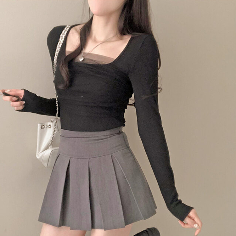 シフォンレースポイントスクエア長袖Tシャツ BLACK