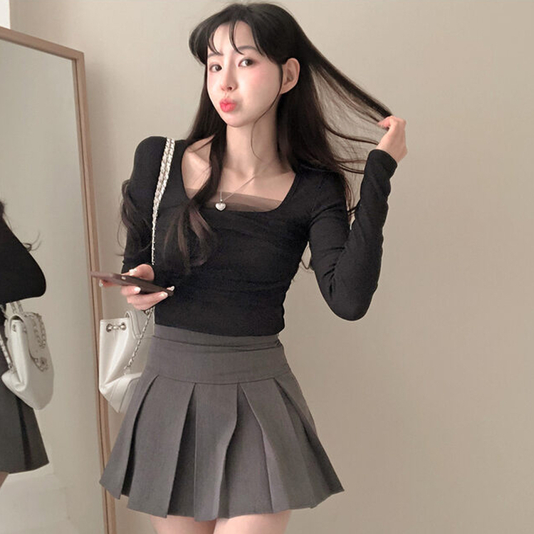 シフォンレースポイントスクエア長袖Tシャツ BLACK