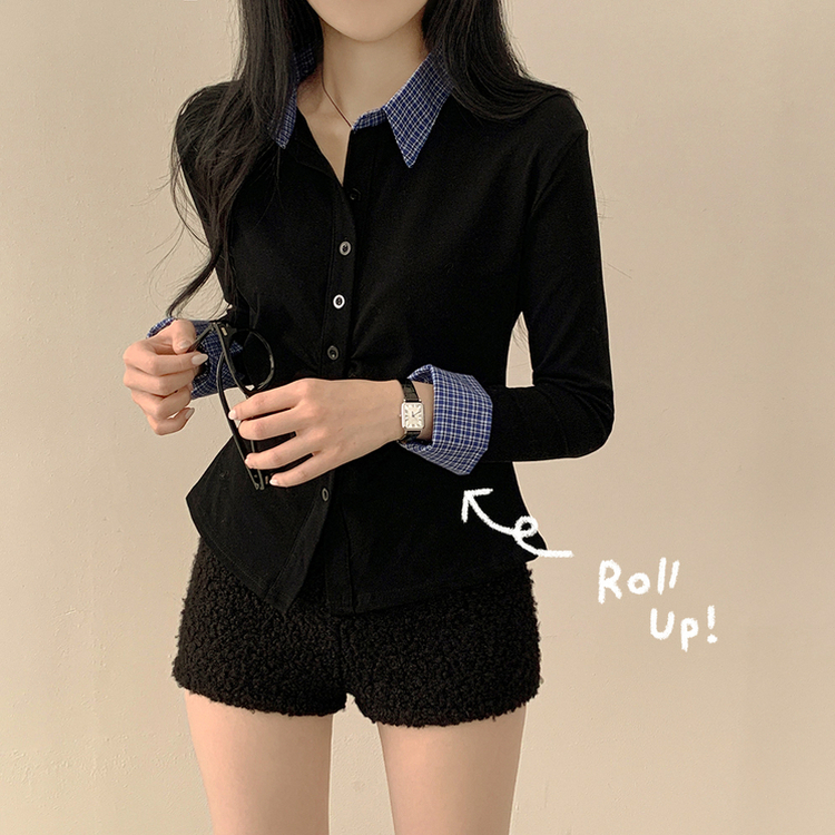 チェックシャツレイヤード長袖Tシャツ BLACK