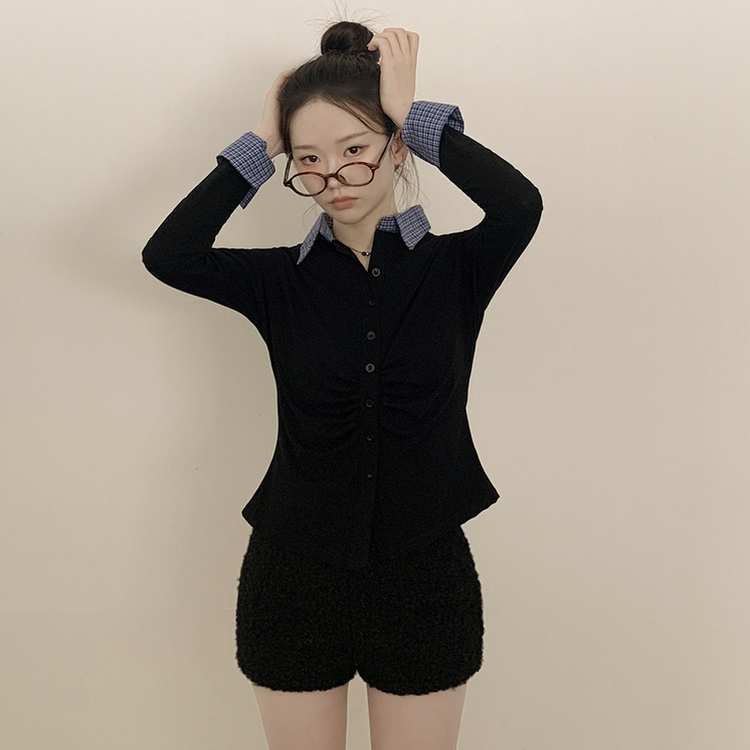 チェックシャツレイヤード長袖Tシャツ BLACK