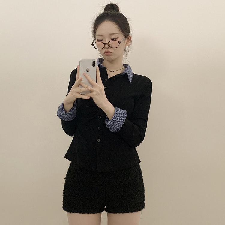 チェックシャツレイヤード長袖Tシャツ BLACK