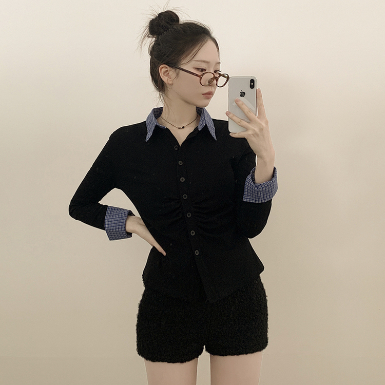 チェックシャツレイヤード長袖Tシャツ BLACK