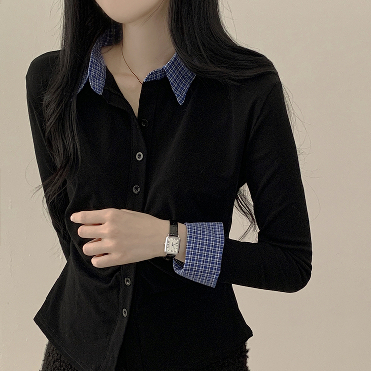 チェックシャツレイヤード長袖Tシャツ BLACK