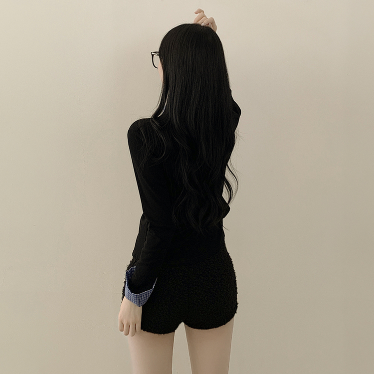 チェックシャツレイヤード長袖Tシャツ BLACK