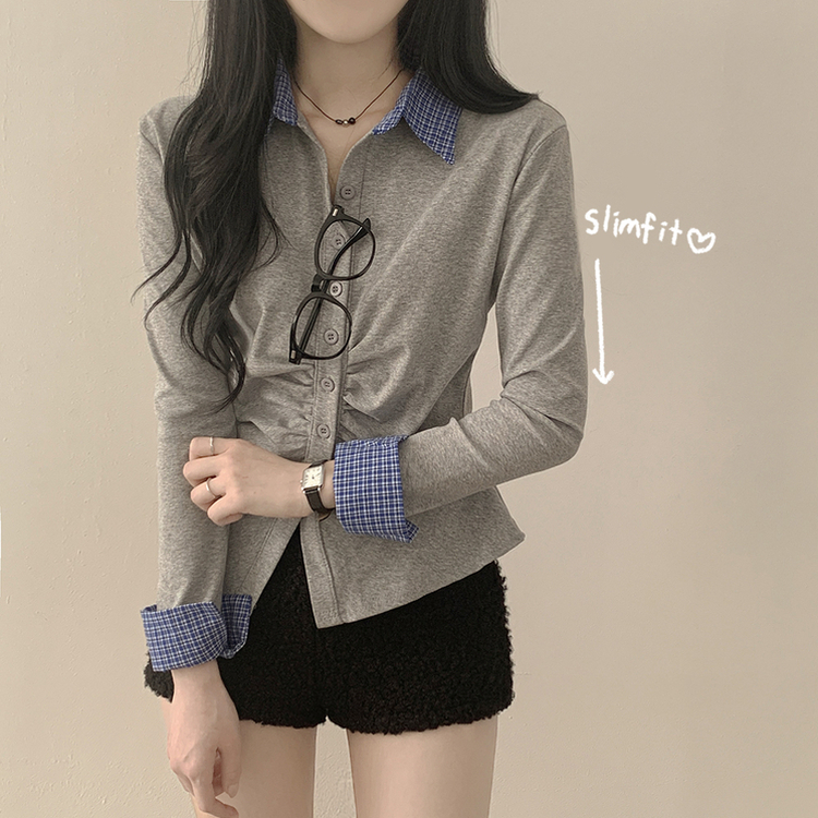チェックシャツレイヤード長袖Tシャツ GREY