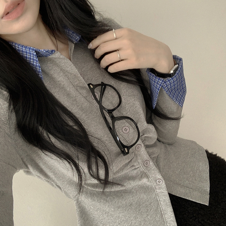 チェックシャツレイヤード長袖Tシャツ GREY