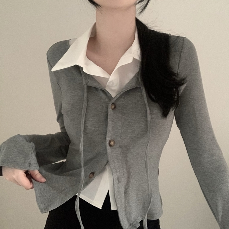 レイヤードスリムカーディガン長袖Tシャツ GREY