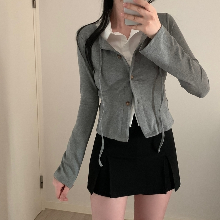 レイヤードスリムカーディガン長袖Tシャツ GREY