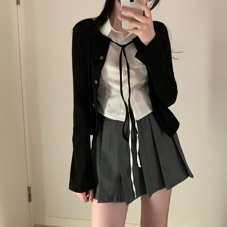 レイヤードスリムカーディガン長袖Tシャツ BLACK