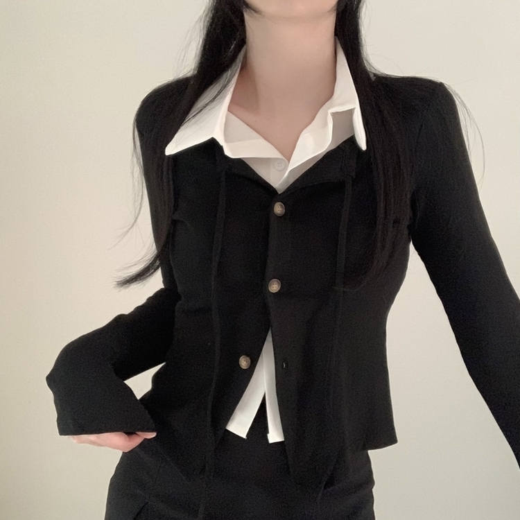 レイヤードスリムカーディガン長袖Tシャツ BLACK