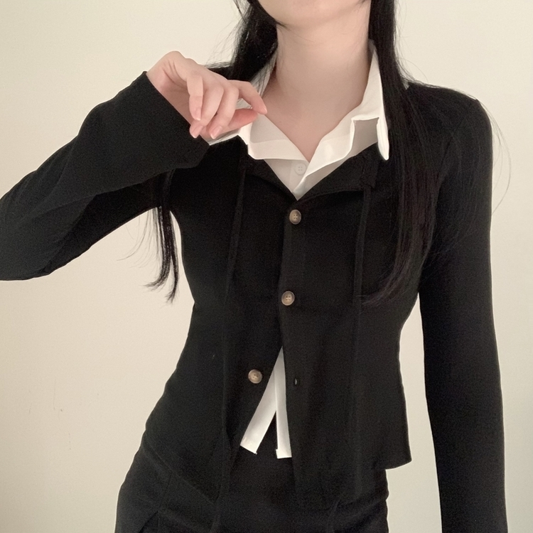 レイヤードスリムカーディガン長袖Tシャツ BLACK