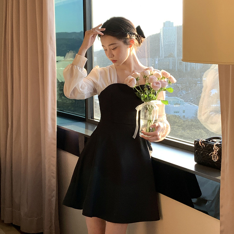 ロングワンピース (ミニ&ロング/ゲストルック♥) ブエル 2丈 シースルー袖 ハートネック 配色 フレアワンピース BLACK