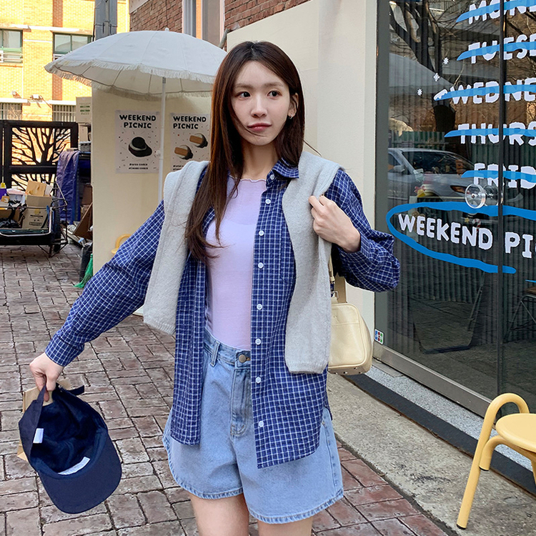 （ウエストすっきり／補正比率フィット）Eddy タックハイウエストAラインデニムショートパンツ   BLUE