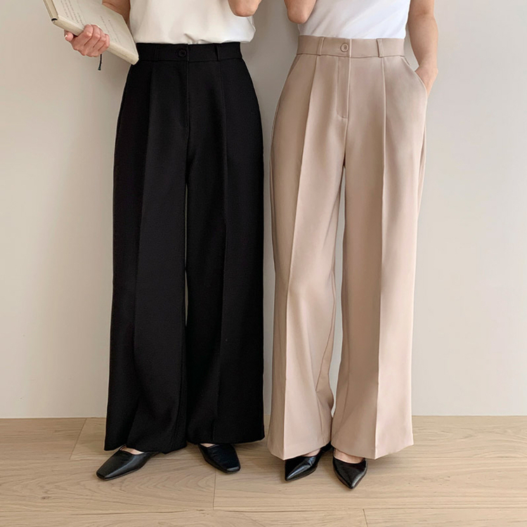 (企画特価/3丈&3サイズ/下半身補整フィット) ルーモン ベーシック ピンタック ワイド バンディング ロング スラックス   BLACK
