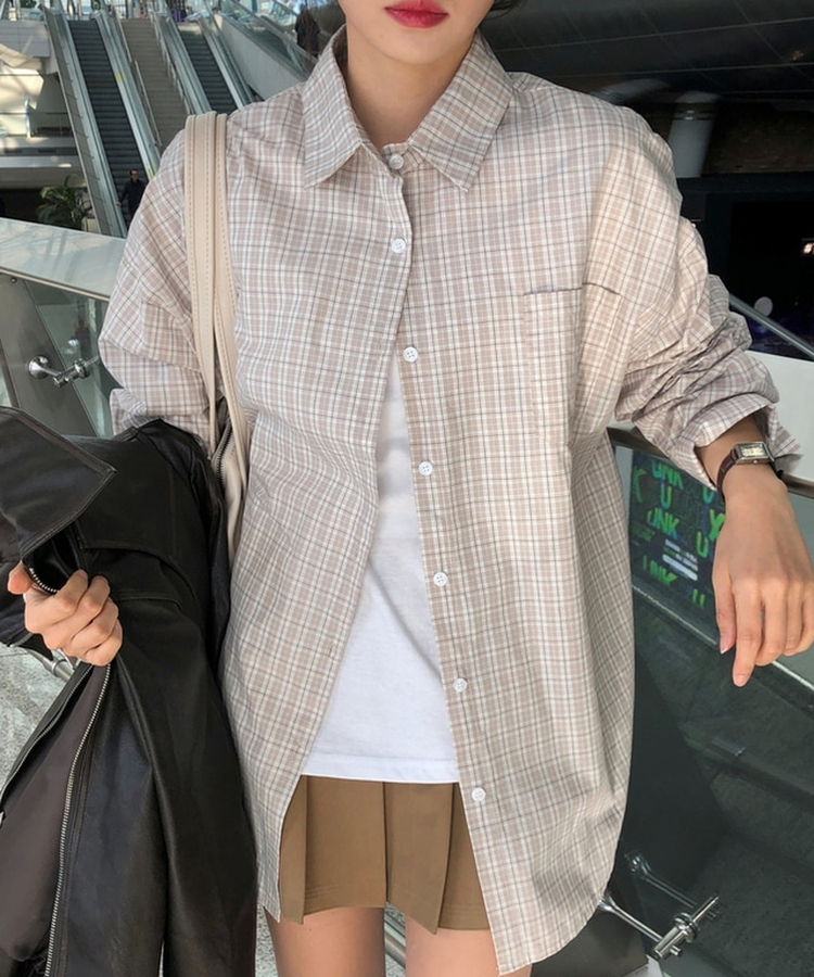 オーバーフィットチェックシャツ BEIGE