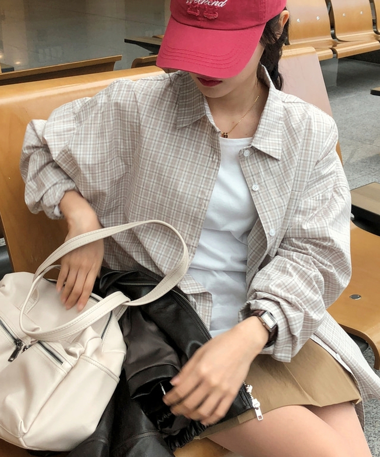 オーバーフィットチェックシャツ BEIGE