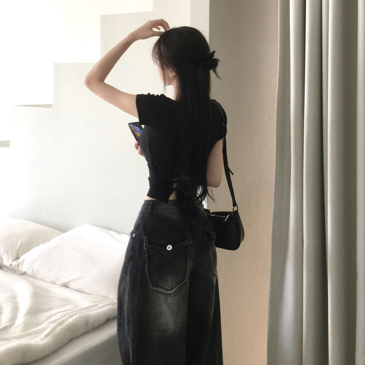 バックスリットリボンクロップ半袖Tシャツ BLACK