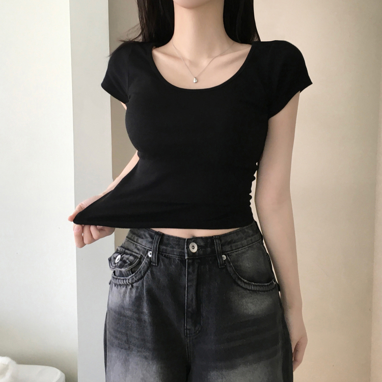 バックスリットリボンクロップ半袖Tシャツ BLACK