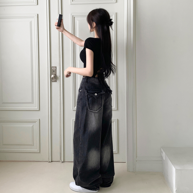 バックスリットリボンクロップ半袖Tシャツ BLACK