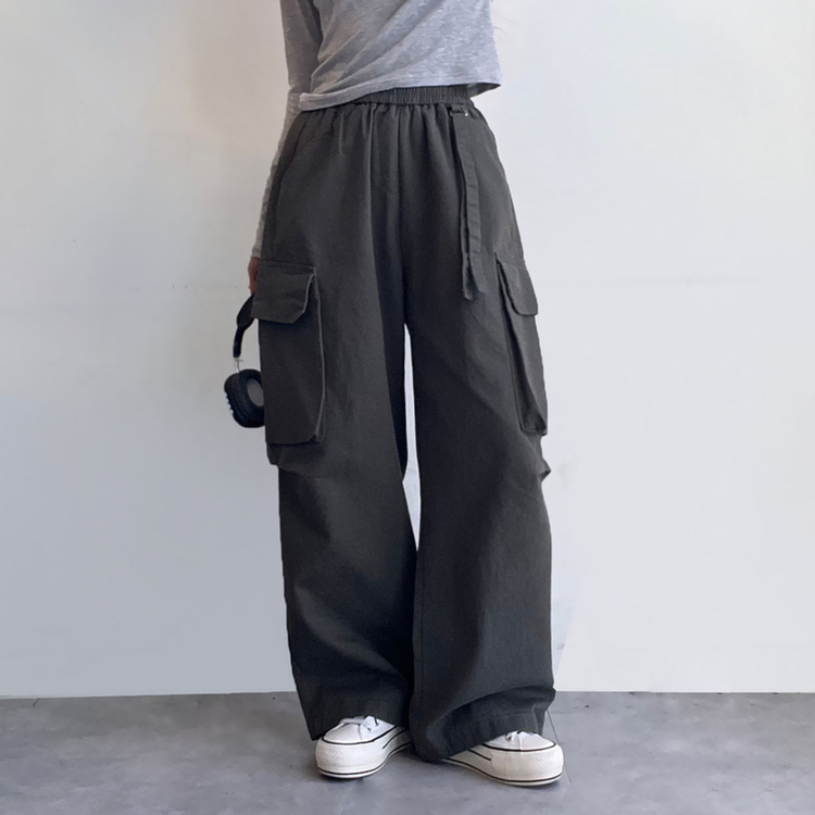 コットンカーゴハイウエストバンディングパンツ KHAKI