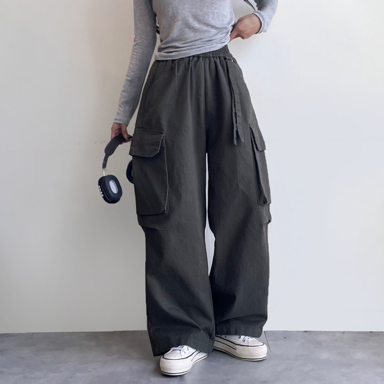 コットンカーゴハイウエストバンディングパンツ KHAKI