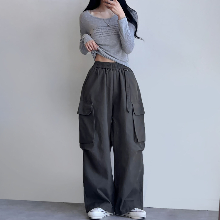 コットンカーゴハイウエストバンディングパンツ KHAKI