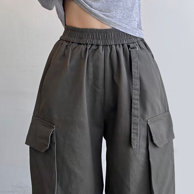 コットンカーゴハイウエストバンディングパンツ KHAKI