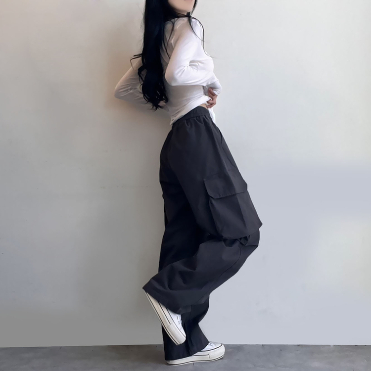 コットンカーゴハイウエストバンディングパンツ CHARCOAL
