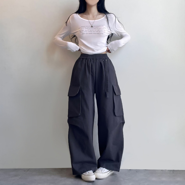 コットンカーゴハイウエストバンディングパンツ CHARCOAL