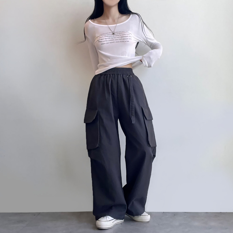コットンカーゴハイウエストバンディングパンツ CHARCOAL