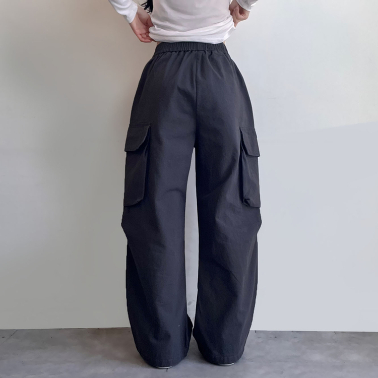 コットンカーゴハイウエストバンディングパンツ CHARCOAL