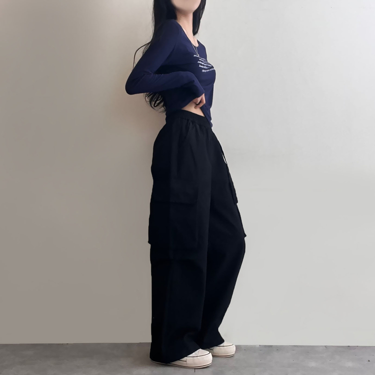 コットンカーゴハイウエストバンディングパンツ BLACK