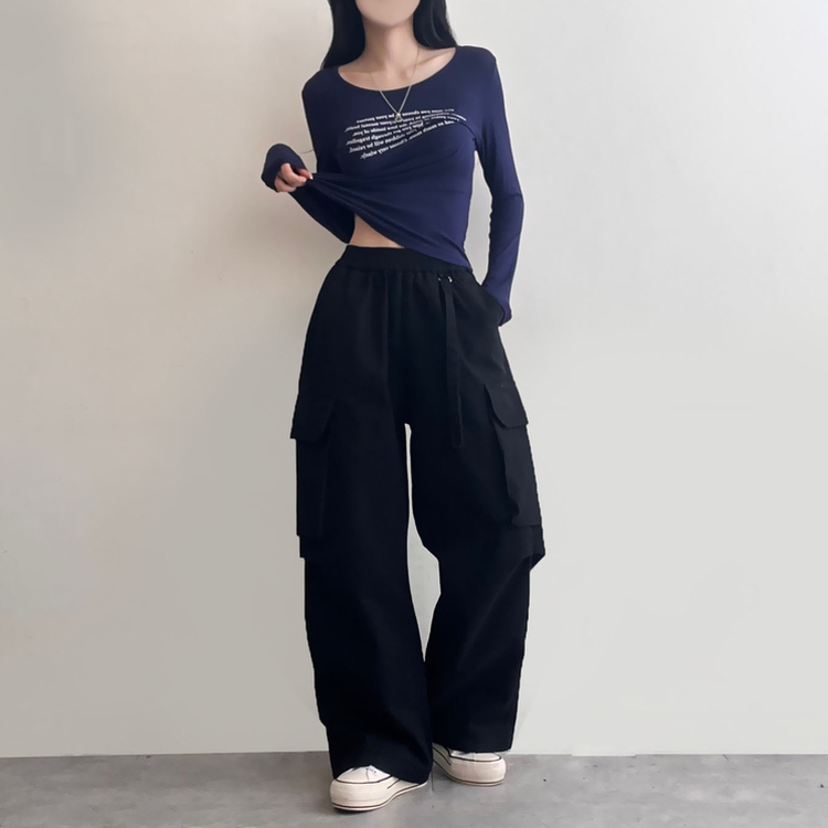 コットンカーゴハイウエストバンディングパンツ BLACK
