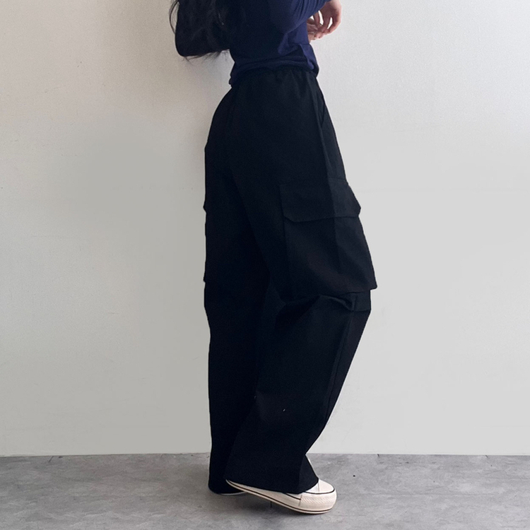 コットンカーゴハイウエストバンディングパンツ BLACK