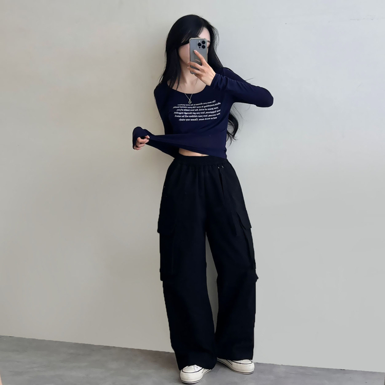 コットンカーゴハイウエストバンディングパンツ BLACK