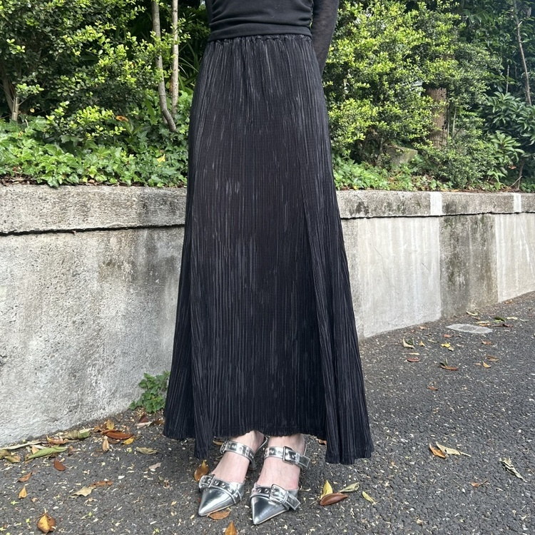플리츠 롱 스커트 블랙