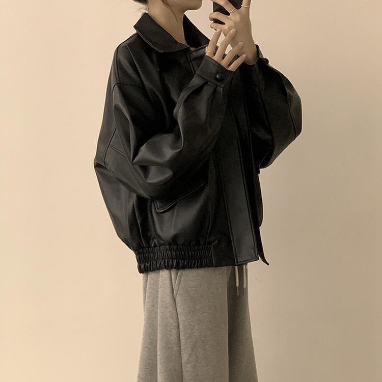 빈티지무드 듬뿍 투유 오버핏 긴팔 레더 자켓 루즈핏 자수 봄 아우터 박시핏 카라 포켓 봄옷 점퍼 2color 블랙