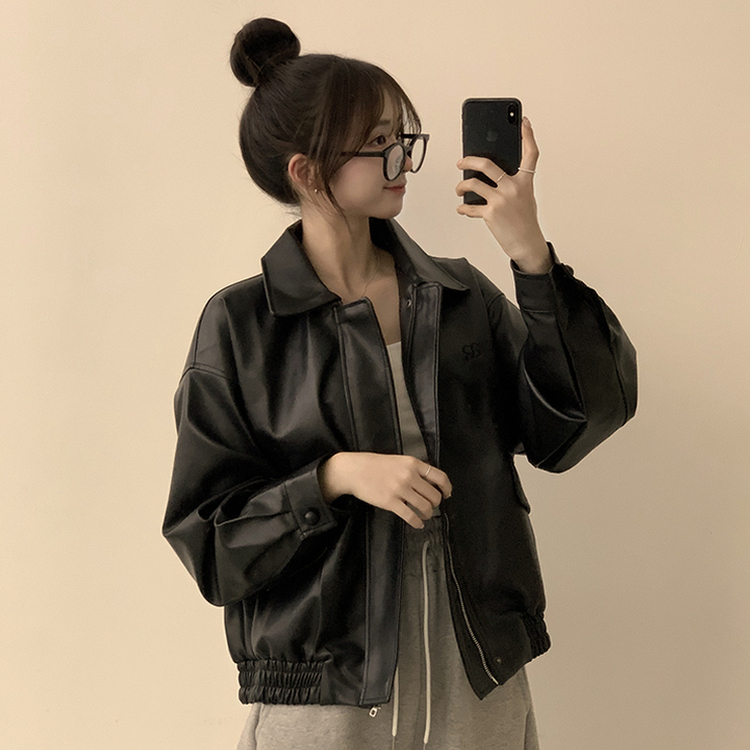 빈티지무드 듬뿍 투유 오버핏 긴팔 레더 자켓 루즈핏 자수 봄 아우터 박시핏 카라 포켓 봄옷 점퍼 2color 블랙