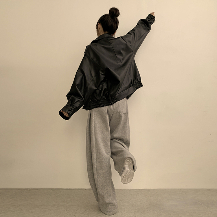 빈티지무드 듬뿍 투유 오버핏 긴팔 레더 자켓 루즈핏 자수 봄 아우터 박시핏 카라 포켓 봄옷 점퍼 2color 블랙