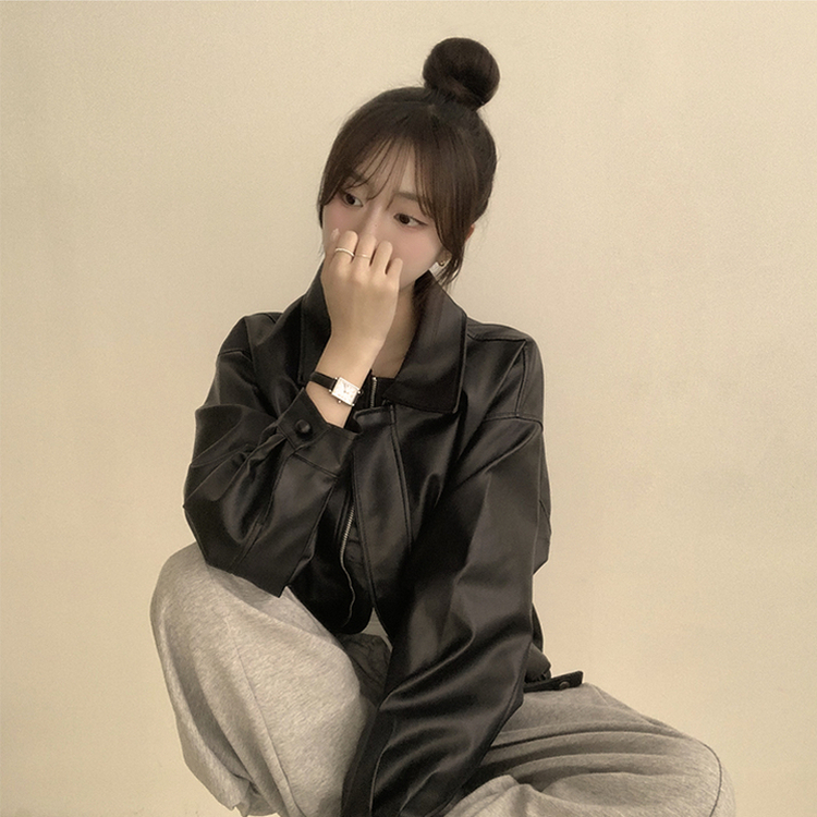 빈티지무드 듬뿍 투유 오버핏 긴팔 레더 자켓 루즈핏 자수 봄 아우터 박시핏 카라 포켓 봄옷 점퍼 2color 블랙