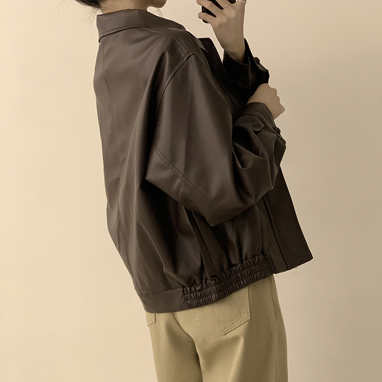 빈티지무드 듬뿍 투유 오버핏 긴팔 레더 자켓 루즈핏 자수 봄 아우터 박시핏 카라 포켓 봄옷 점퍼 2color 밤색