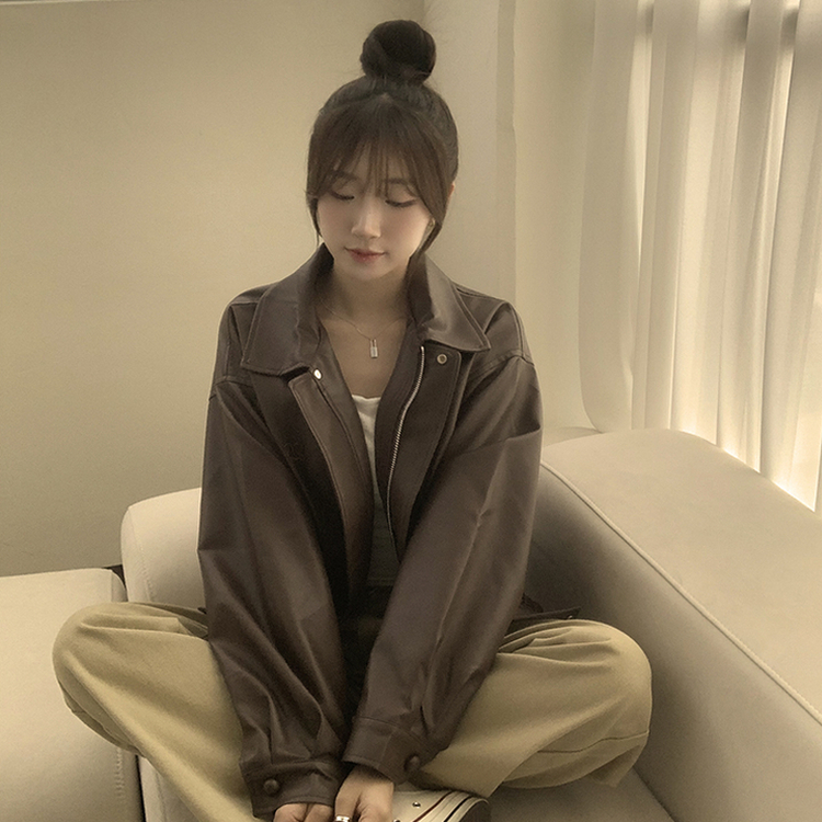 빈티지무드 듬뿍 투유 오버핏 긴팔 레더 자켓 루즈핏 자수 봄 아우터 박시핏 카라 포켓 봄옷 점퍼 2color 밤색