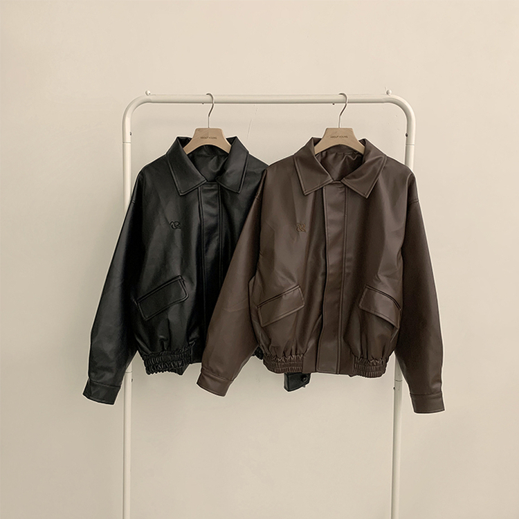 빈티지무드 듬뿍 투유 오버핏 긴팔 레더 자켓 루즈핏 자수 봄 아우터 박시핏 카라 포켓 봄옷 점퍼 2color
