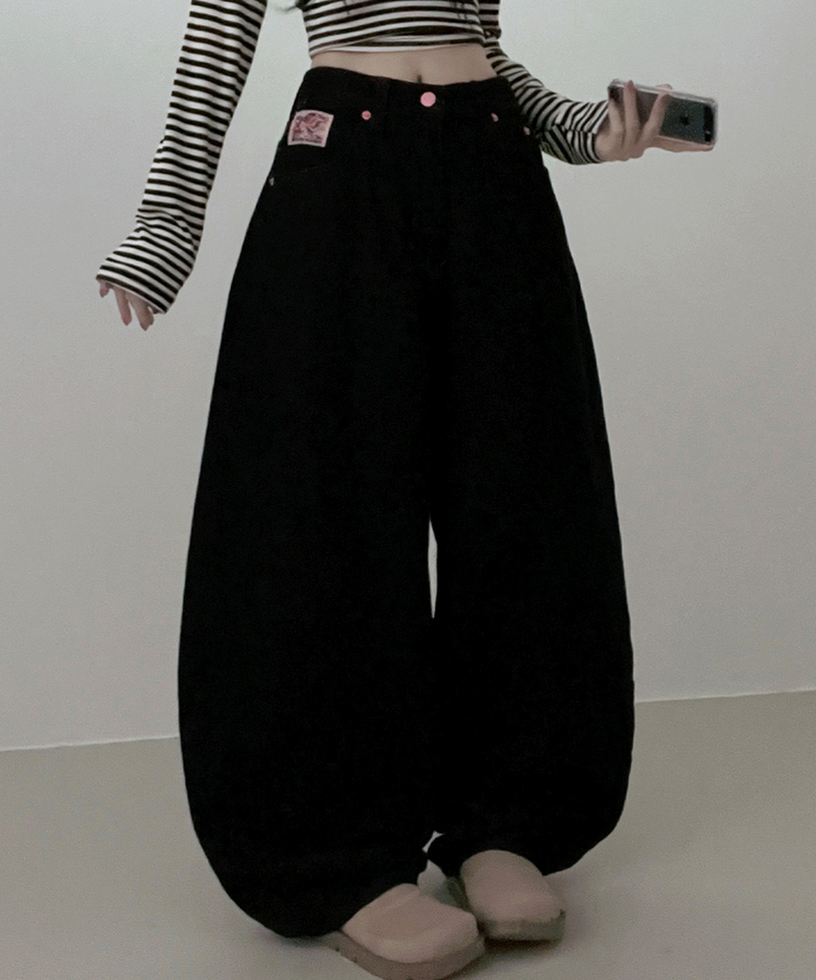 【未使用タグ付き】 45R コットン 刺繍 デニムワイドパンツ(サイズ2) ピンク刺繍レタリングデニムワイドパンツ｜デニム｜韓国ファッション