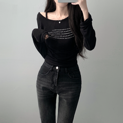 ツーピース 【SET着用可能】シースルーレタリングTシャツ ブーツカットデニム BLACK-TOP
