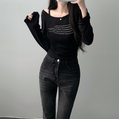 ツーピース 【SET着用可能】シースルーレタリングTシャツ ブーツカットデニム BLACK-TOP