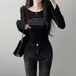 ツーピース 【SET着用可能】シースルーレタリングTシャツ ブーツカットデニム BLACK-TOP