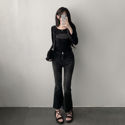 ツーピース 【SET着用可能】シースルーレタリングTシャツ ブーツカットデニム BLACK-TOP