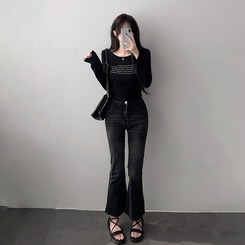 ツーピース 【SET着用可能】シースルーレタリングTシャツ ブーツカットデニム BLACK-TOP